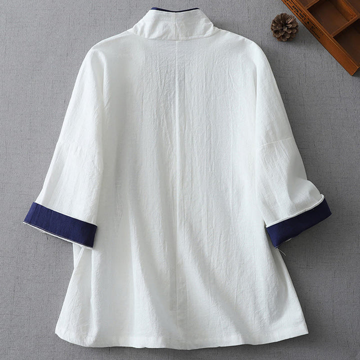 Camicia da donna in cotone e lino Zen con maniche a tre quarti, scollo a V, cuciture colorate casual, Buddha Stones