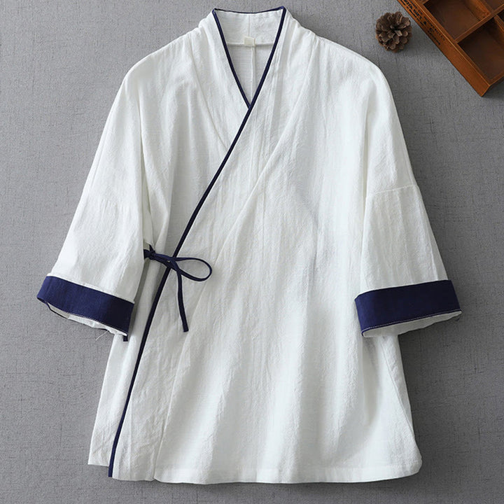 Camicia da donna in cotone e lino Zen con maniche a tre quarti, scollo a V, cuciture colorate casual, Buddha Stones