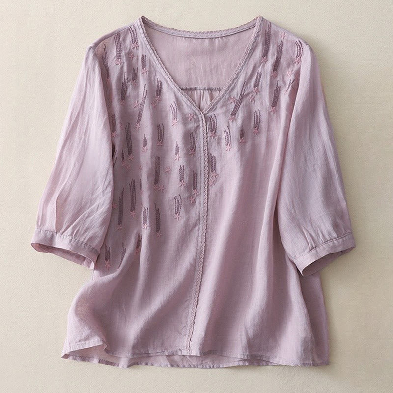 Camicia da donna in lino e cotone a mezza manica con scollo a V, ricamo a stella cadente Buddha Stones - Prugna - US8-10, UK/AU12-14, EU40-42 (2XL) - image 0