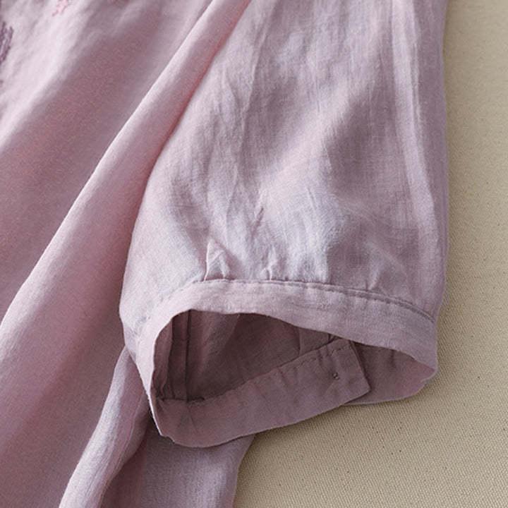 Camicia da donna in lino e cotone a mezza manica con scollo a V, ricamo a stella cadente Buddha Stones