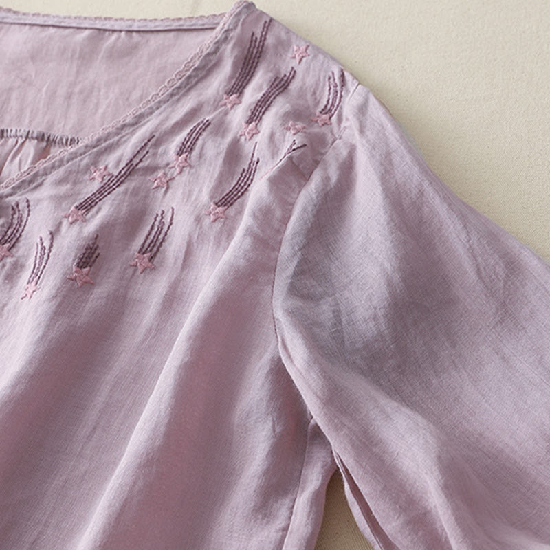 Camicia da donna in lino e cotone a mezza manica con scollo a V, ricamo a stella cadente Buddha Stones