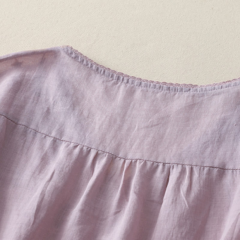 Camicia da donna in lino e cotone a mezza manica con scollo a V, ricamo a stella cadente Buddha Stones