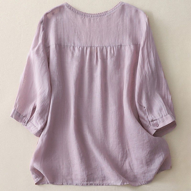 Camicia da donna in lino e cotone a mezza manica con scollo a V, ricamo a stella cadente Buddha Stones - image 2
