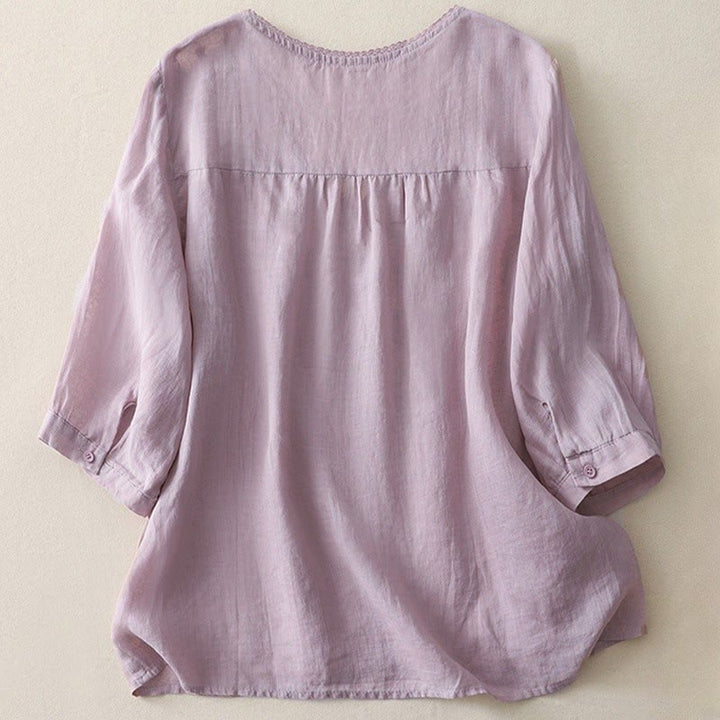 Camicia da donna in lino e cotone a mezza manica con scollo a V, ricamo a stella cadente Buddha Stones - image 2