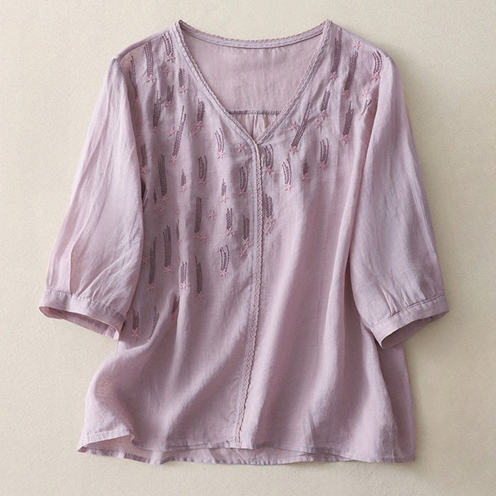 Camicia da donna in lino e cotone a mezza manica con scollo a V, ricamo a stella cadente Buddha Stones