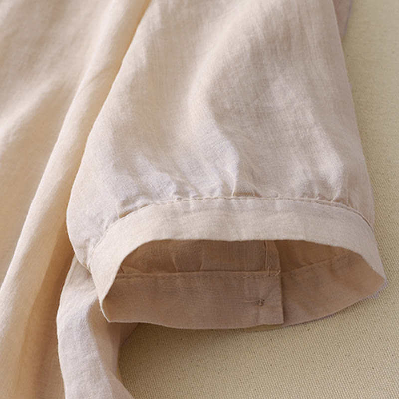 Camicia da donna in lino e cotone a mezza manica con scollo a V, ricamo a stella cadente Buddha Stones