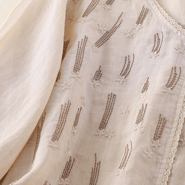 Camicia da donna in lino e cotone a mezza manica con scollo a V, ricamo a stella cadente Buddha Stones - image 15