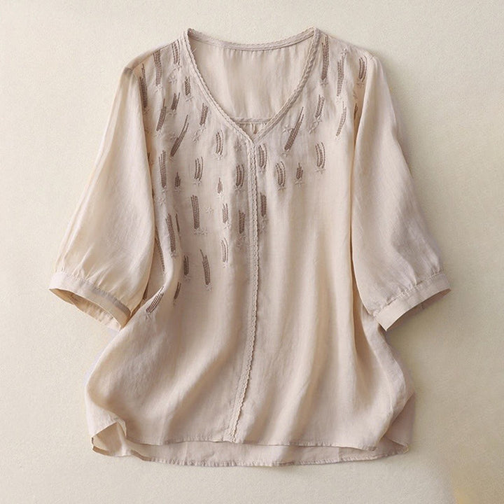 Camicia da donna in lino e cotone a mezza manica con scollo a V, ricamo a stella cadente Buddha Stones - Beige - US8-10, UK/AU12-14, EU40-42 (2XL) - image 14