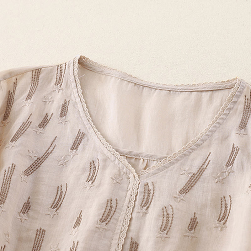 Camicia da donna in lino e cotone a mezza manica con scollo a V, ricamo a stella cadente Buddha Stones