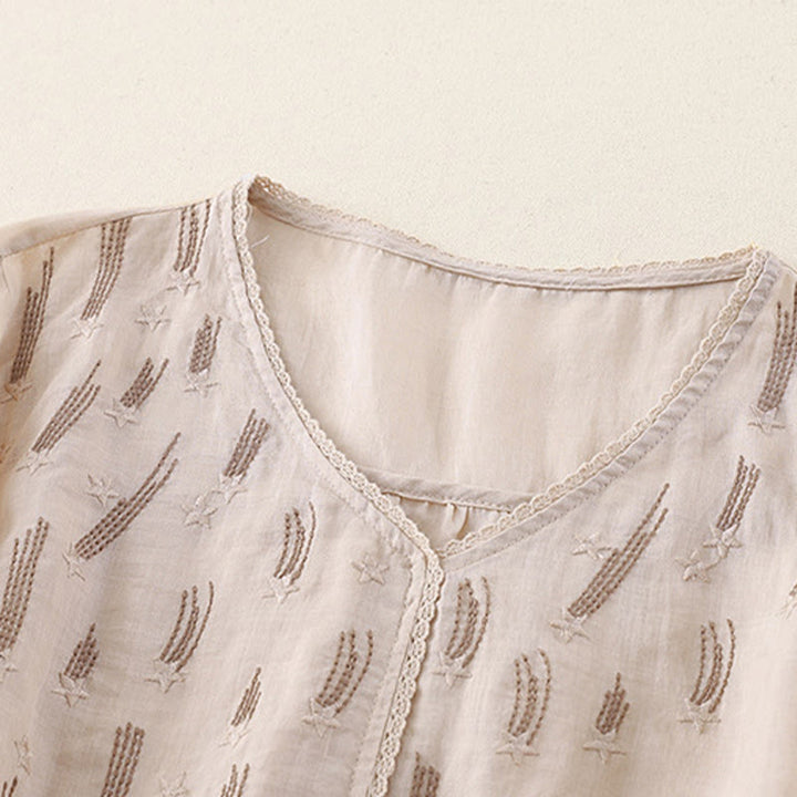 Camicia da donna in lino e cotone a mezza manica con scollo a V, ricamo a stella cadente Buddha Stones
