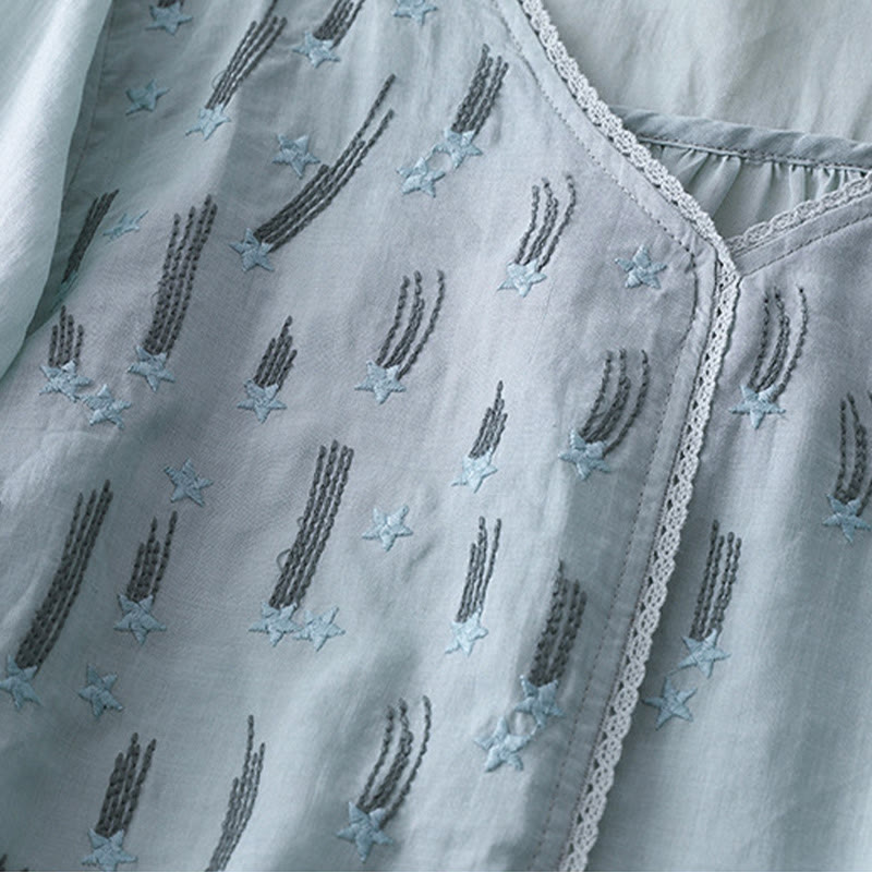 Camicia da donna in lino e cotone a mezza manica con scollo a V, ricamo a stella cadente Buddha Stones