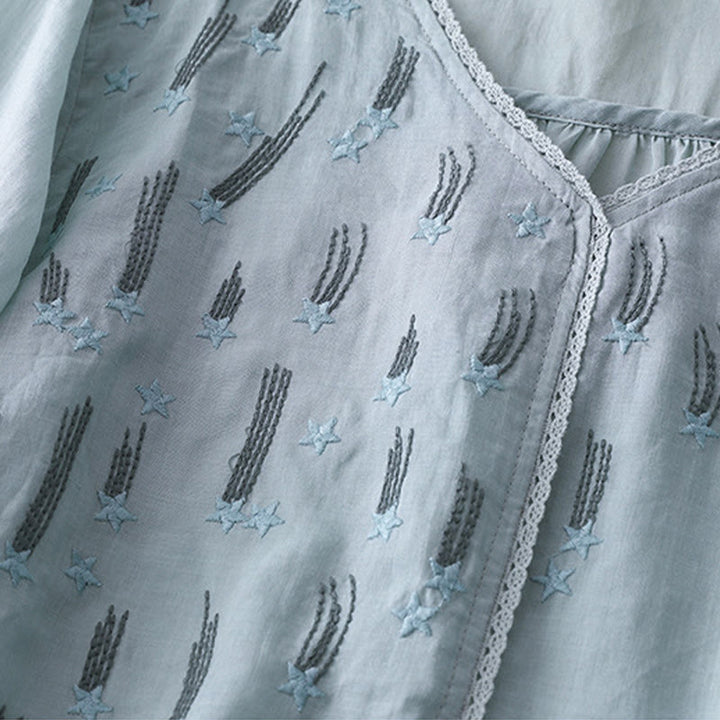 Camicia da donna in lino e cotone a mezza manica con scollo a V, ricamo a stella cadente Buddha Stones