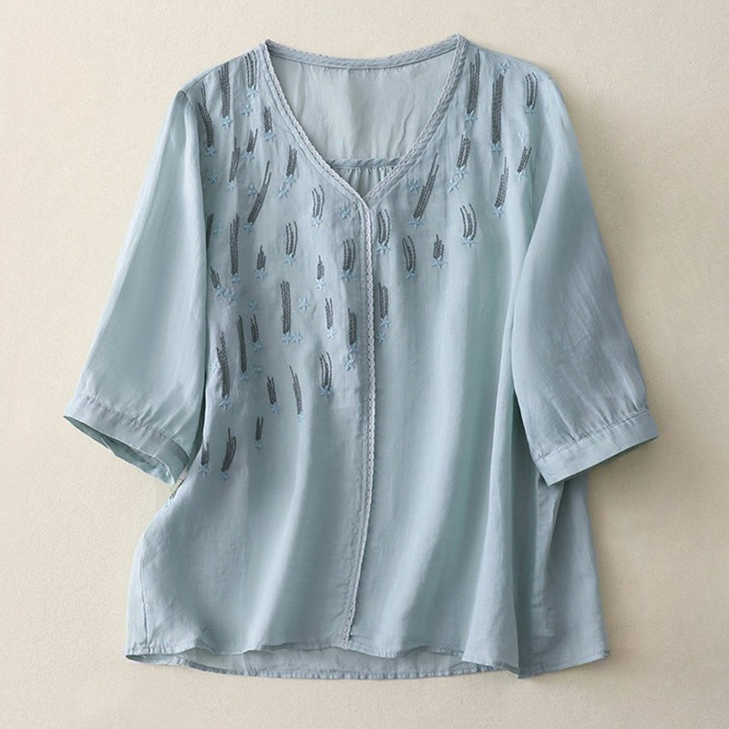 Camicia da donna in lino e cotone a mezza manica con scollo a V, ricamo a stella cadente Buddha Stones