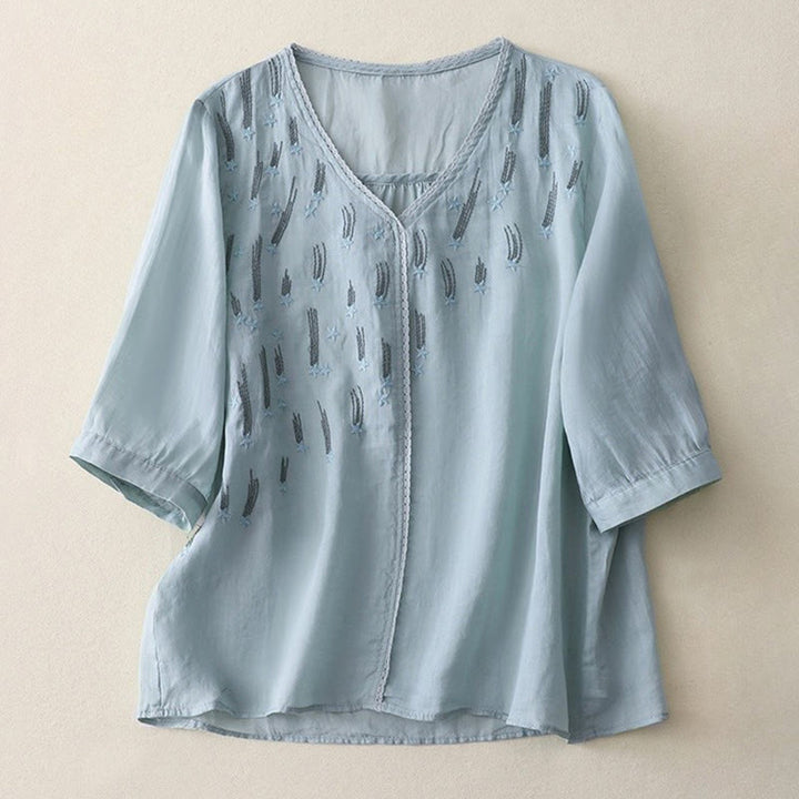 Camicia da donna in lino e cotone a mezza manica con scollo a V, ricamo a stella cadente Buddha Stones