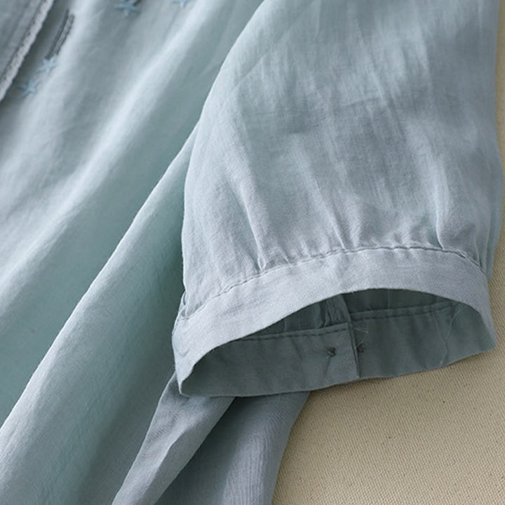 Camicia da donna in lino e cotone a mezza manica con scollo a V, ricamo a stella cadente Buddha Stones
