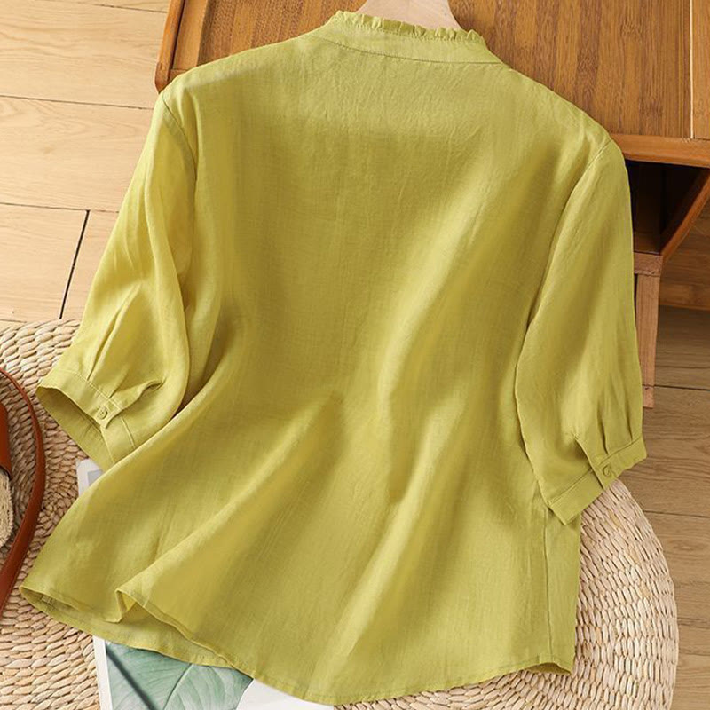 Camicia da donna in cotone con maniche a tre quarti, motivo Buddha Stones, fiori ricamati e bottoni - image 1