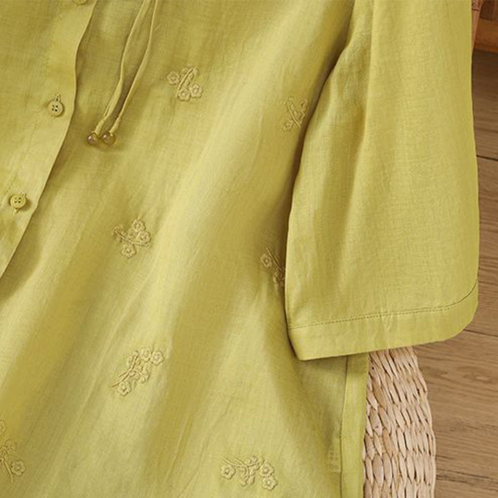 Camicia da donna in cotone con maniche a tre quarti, motivo Buddha Stones, fiori ricamati e bottoni - image 5