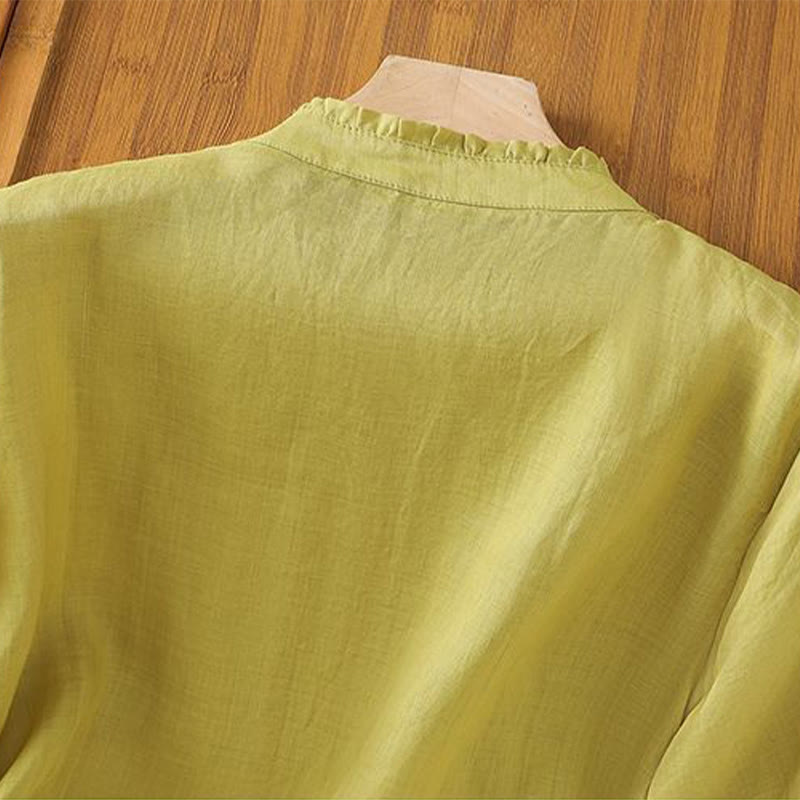 Camicia da donna in cotone con maniche a tre quarti, motivo Buddha Stones, fiori ricamati e bottoni - image 4