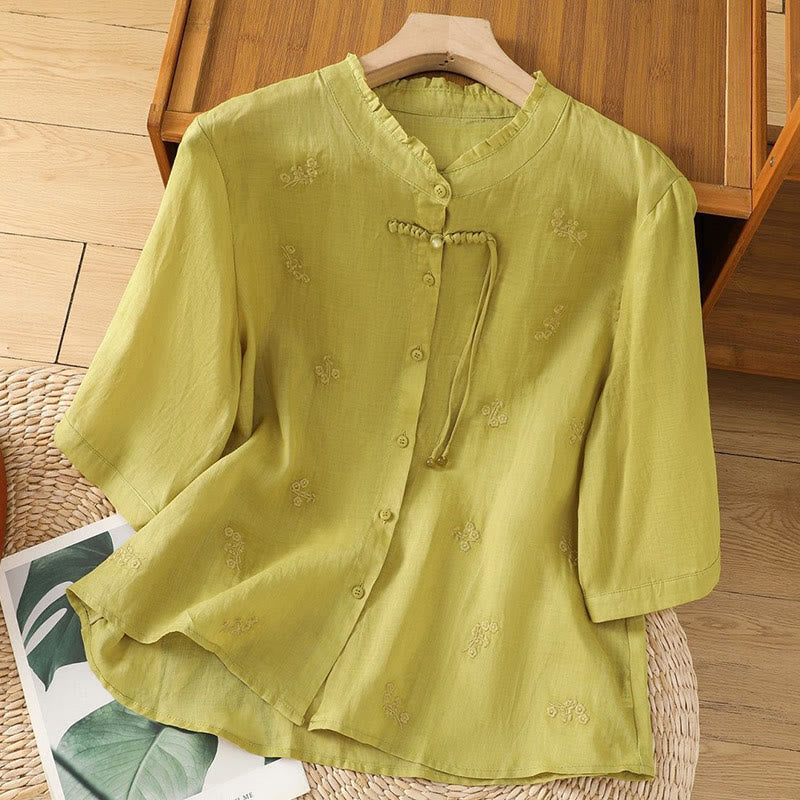Camicia da donna in cotone con maniche a tre quarti, motivo Buddha Stones, fiori ricamati e bottoni - Cachi - US12, UK/AU16, EU44 (3XL) - image 0