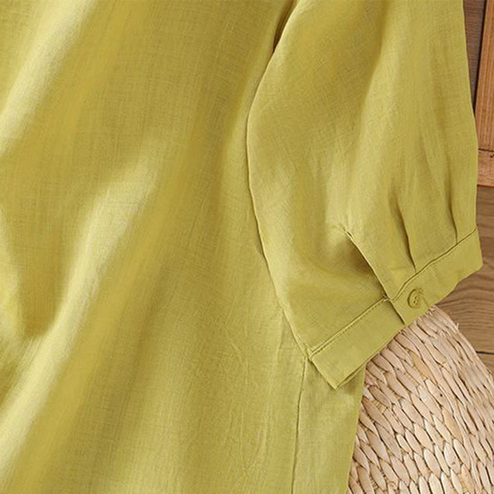 Camicia da donna in cotone con maniche a tre quarti, motivo Buddha Stones, fiori ricamati e bottoni - image 7