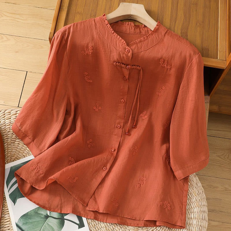 Camicia da donna in cotone con maniche a tre quarti, motivo Buddha Stones, fiori ricamati e bottoni - Cioccolato - US12, UK/AU16, EU44 (3XL) - image 13