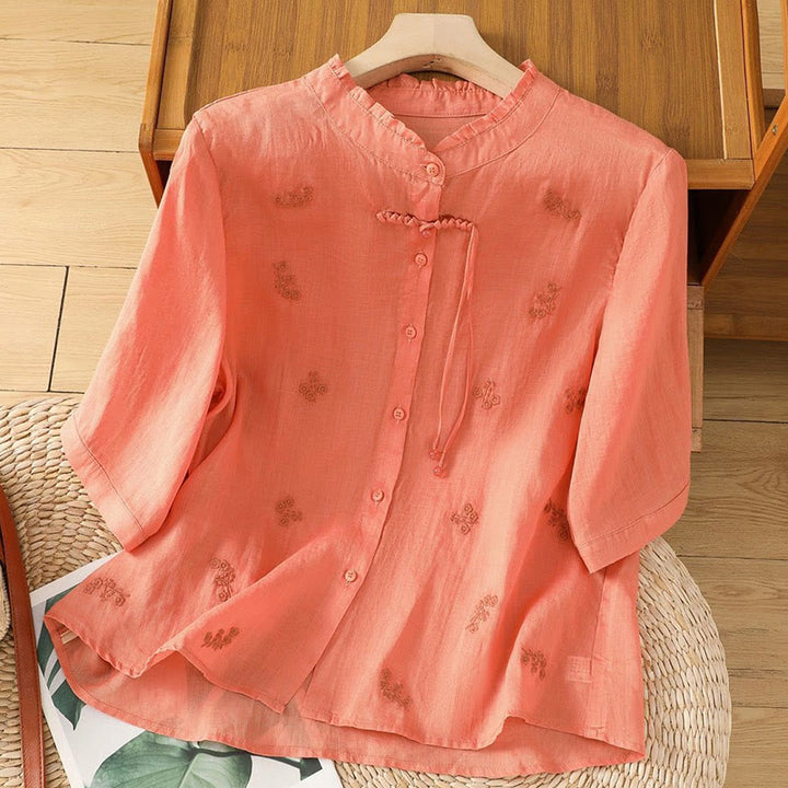 Camicia da donna in cotone con maniche a tre quarti, motivo Buddha Stones, fiori ricamati e bottoni - Corallo - US12, UK/AU16, EU44 (3XL) - image 9