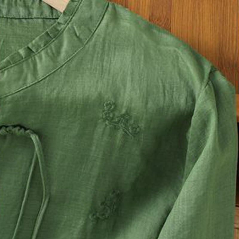 Camicia da donna in cotone con maniche a tre quarti, motivo Buddha Stones, fiori ricamati e bottoni - image 12