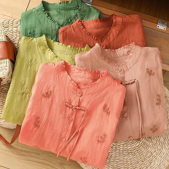 Camicia da donna in cotone con maniche a tre quarti, motivo Buddha Stones, fiori ricamati e bottoni - image 14