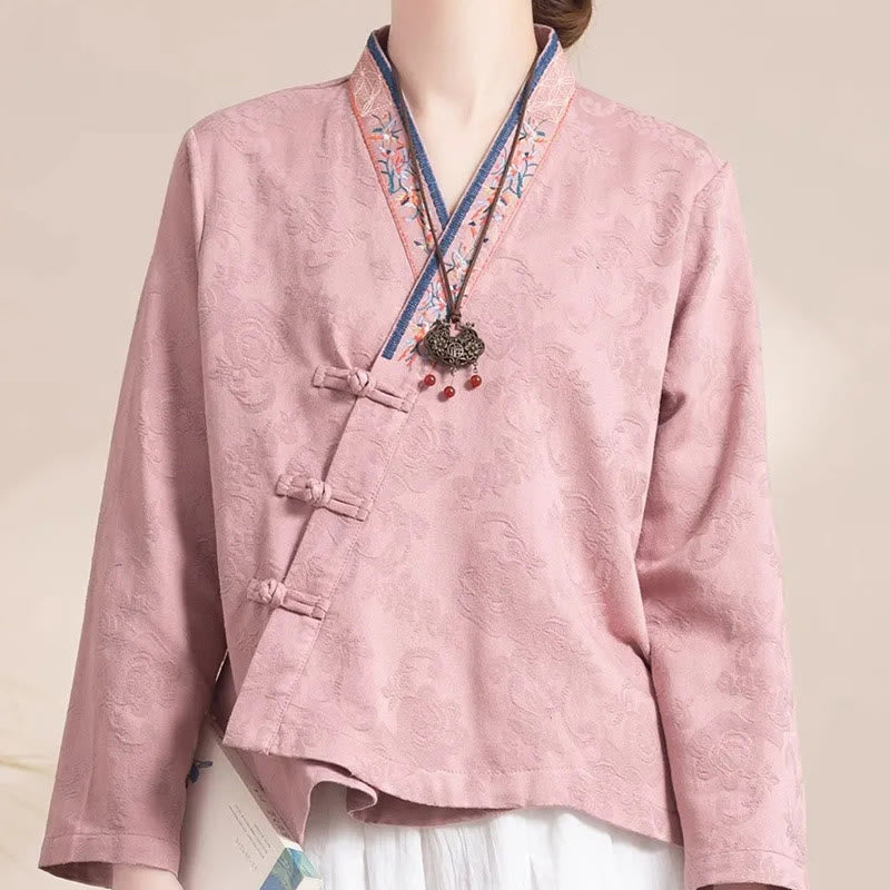 Camicia da donna in cotone a maniche lunghe con bottoni, motivo : Buddha Stones, fiori ricamati e rana d'erba - image 3