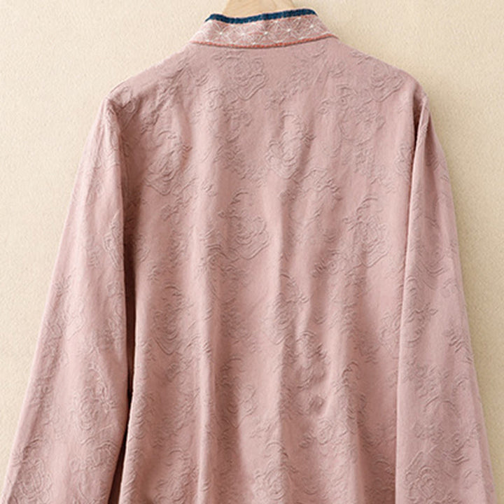 Camicia da donna in cotone a maniche lunghe con bottoni, motivo : Buddha Stones, fiori ricamati e rana d'erba - image 8