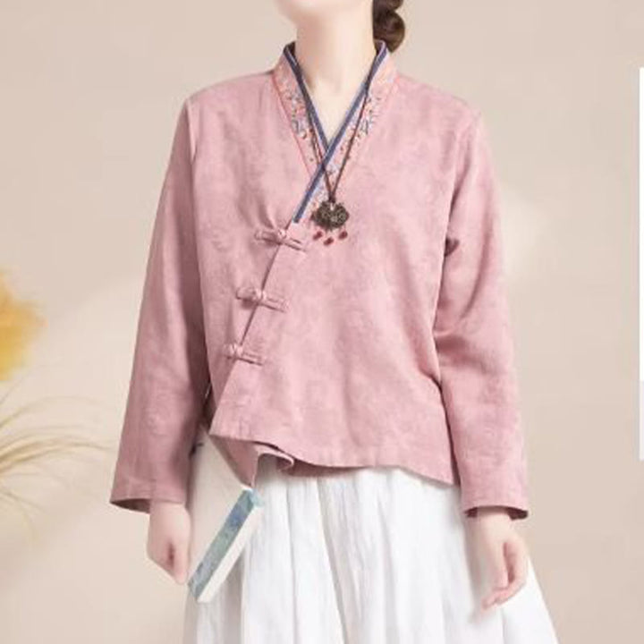 Camicia da donna in cotone a maniche lunghe con bottoni, motivo : Buddha Stones, fiori ricamati e rana d'erba - image 2