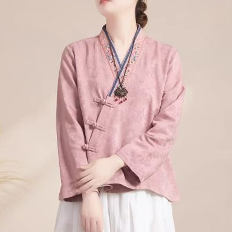 Camicia da donna in cotone a maniche lunghe con bottoni, motivo : Buddha Stones, fiori ricamati e rana d'erba - Rosa - US8-10, UK/AU12-14, EU40-42 (3XL) - image 0