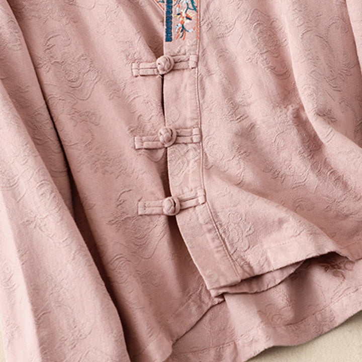 Camicia da donna in cotone a maniche lunghe con bottoni, motivo : Buddha Stones, fiori ricamati e rana d'erba - image 11