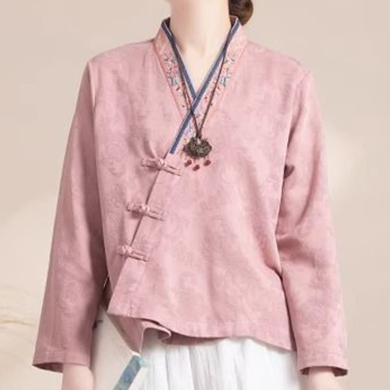 Camicia da donna in cotone a maniche lunghe con bottoni, motivo : Buddha Stones, fiori ricamati e rana d'erba - image 5