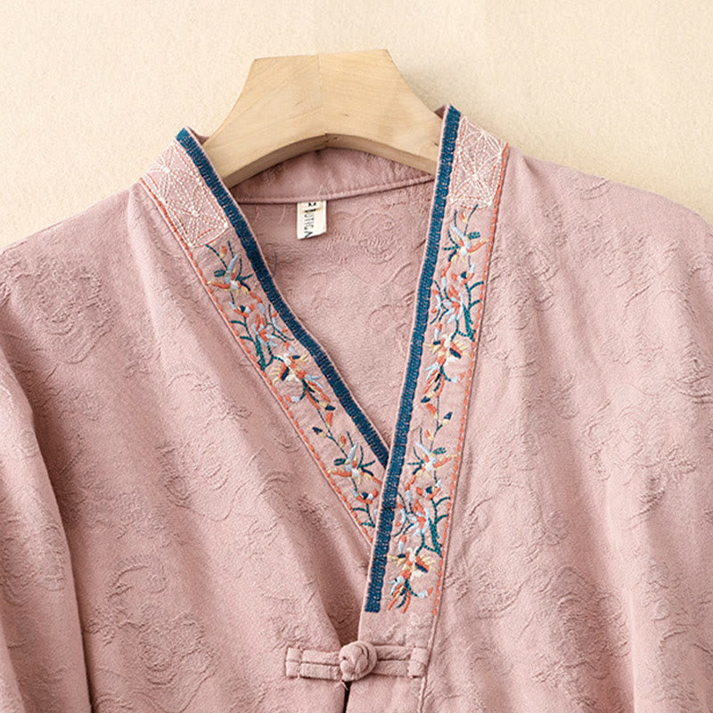 Camicia da donna in cotone a maniche lunghe con bottoni, motivo : Buddha Stones, fiori ricamati e rana d'erba - image 4
