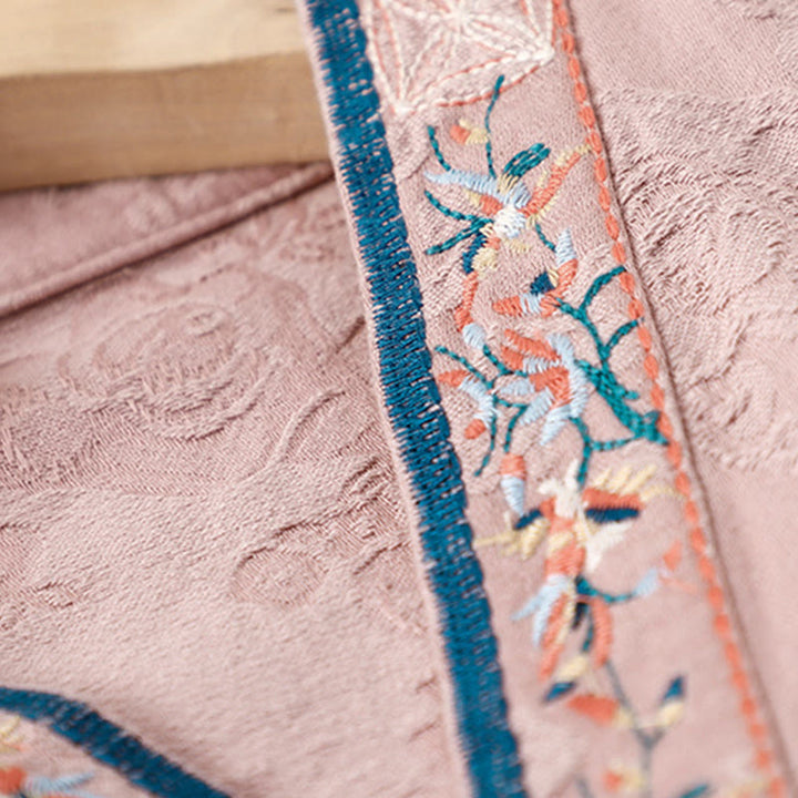 Camicia da donna in cotone a maniche lunghe con bottoni, motivo : Buddha Stones, fiori ricamati e rana d'erba - image 12