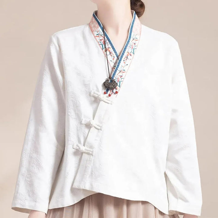 Camicia da donna in cotone a maniche lunghe con bottoni, motivo : Buddha Stones, fiori ricamati e rana d'erba - image 16