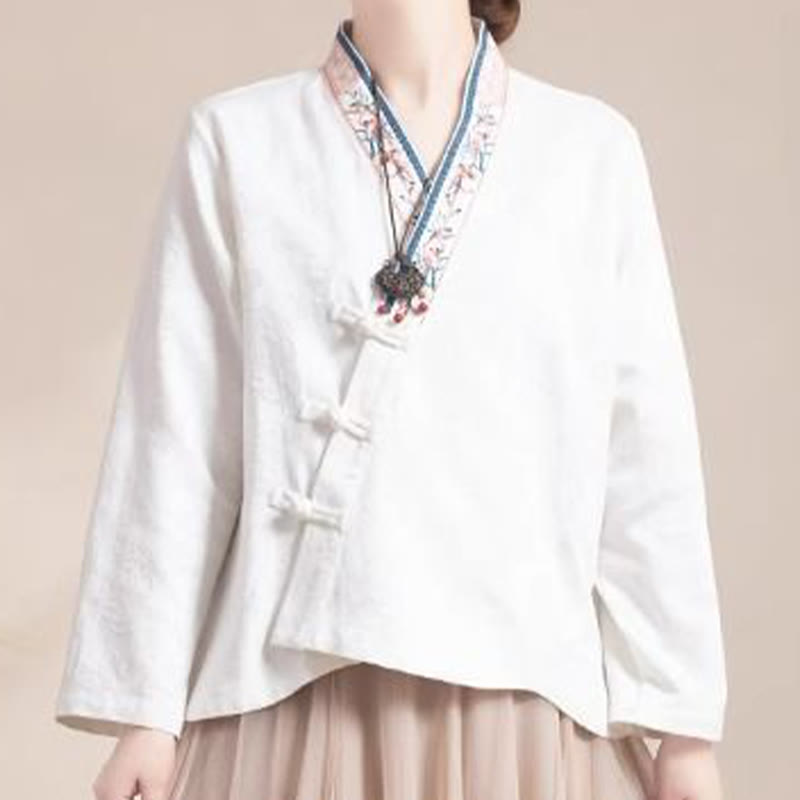 Camicia da donna in cotone a maniche lunghe con bottoni, motivo : Buddha Stones, fiori ricamati e rana d'erba - image 15