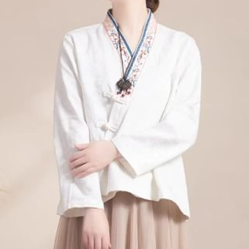Camicia da donna in cotone a maniche lunghe con bottoni, motivo : Buddha Stones, fiori ricamati e rana d'erba - Bianco - US12, UK/AU16, EU44 (3XL) - image 13