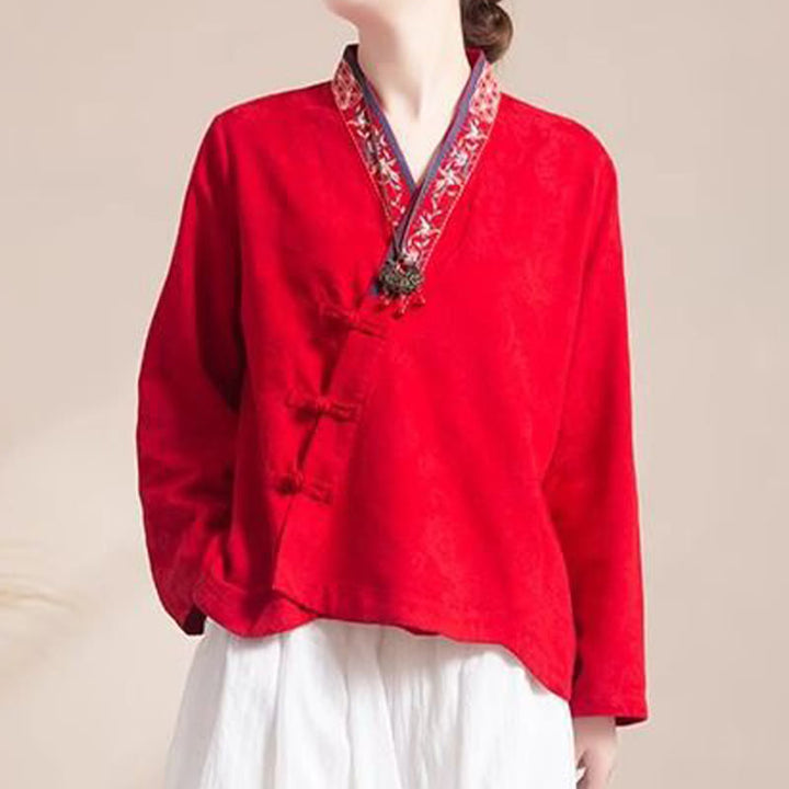 Camicia da donna in cotone a maniche lunghe con bottoni, motivo : Buddha Stones, fiori ricamati e rana d'erba - Rosso - US12, UK/AU16, EU44 (3XL) - image 17