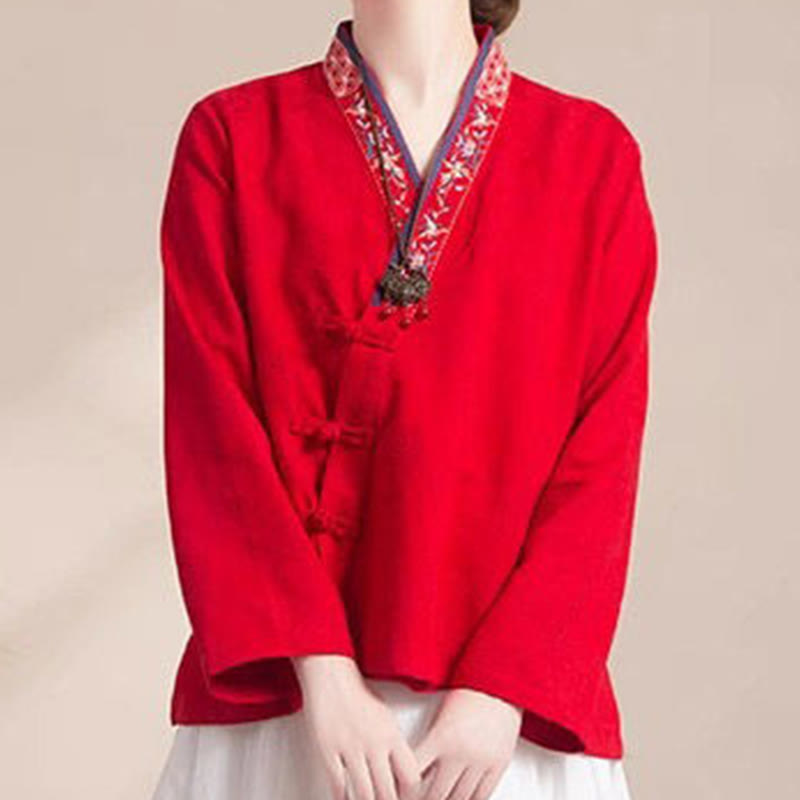 Camicia da donna in cotone a maniche lunghe con bottoni, motivo : Buddha Stones, fiori ricamati e rana d'erba - image 18