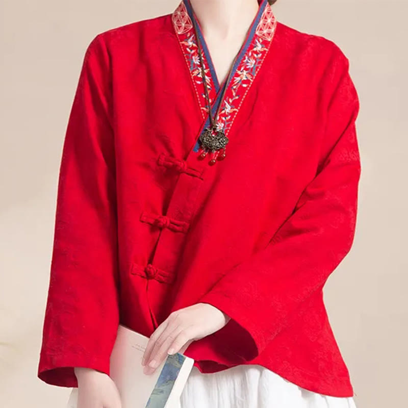 Camicia da donna in cotone a maniche lunghe con bottoni, motivo : Buddha Stones, fiori ricamati e rana d'erba - image 19