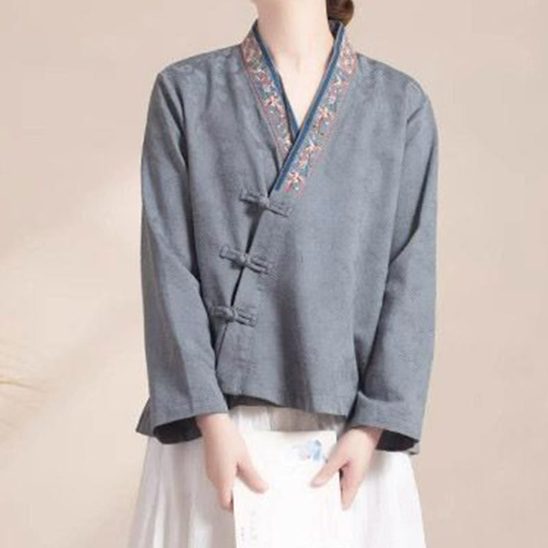 Camicia da donna in cotone a maniche lunghe con bottoni, motivo : Buddha Stones, fiori ricamati e rana d'erba - image 21