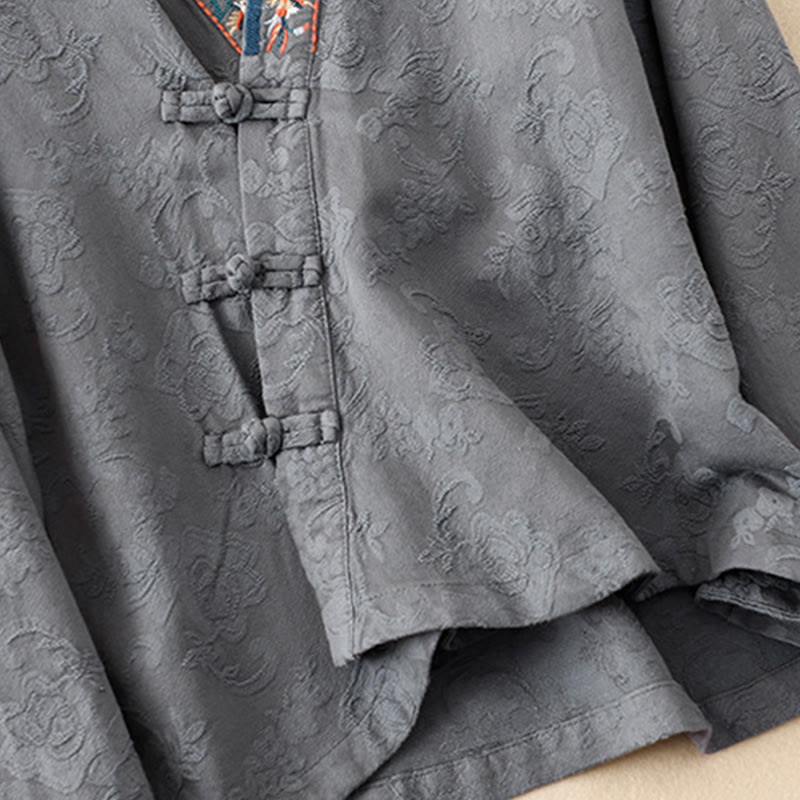 Camicia da donna in cotone a maniche lunghe con bottoni, motivo : Buddha Stones, fiori ricamati e rana d'erba - image 23