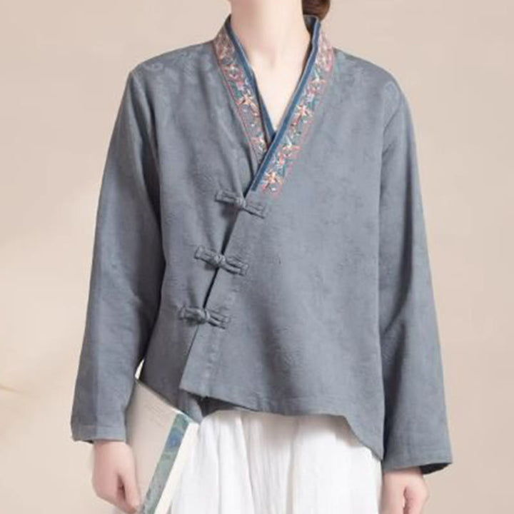 Camicia da donna in cotone a maniche lunghe con bottoni, motivo : Buddha Stones, fiori ricamati e rana d'erba - image 22