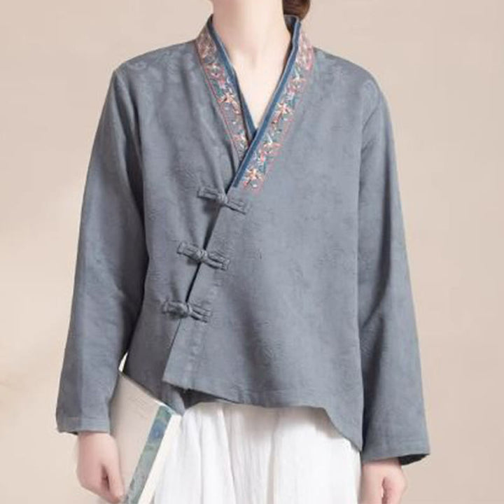 Camicia da donna in cotone a maniche lunghe con bottoni, motivo : Buddha Stones, fiori ricamati e rana d'erba - Grigio - US12, UK/AU16, EU44 (3XL) - image 20