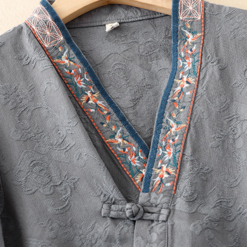 Camicia da donna in cotone a maniche lunghe con bottoni, motivo : Buddha Stones, fiori ricamati e rana d'erba - image 27