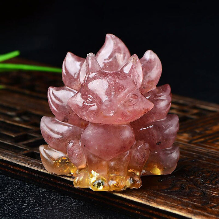Buddha Stones naturali, vari cristalli, quarzo fragola, ametista, volpe a nove code, protezione, decorazione per la casa