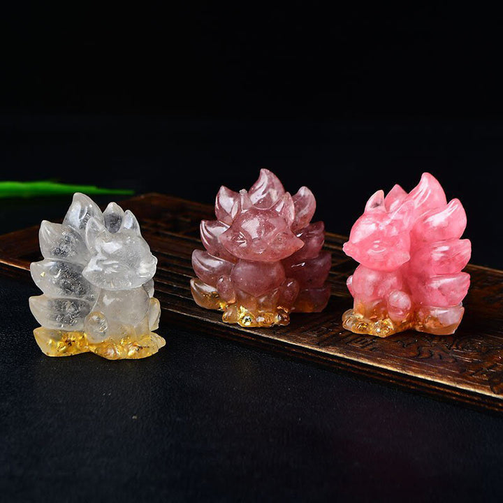Buddha Stones naturali, vari cristalli, quarzo fragola, ametista, volpe a nove code, protezione, decorazione per la casa