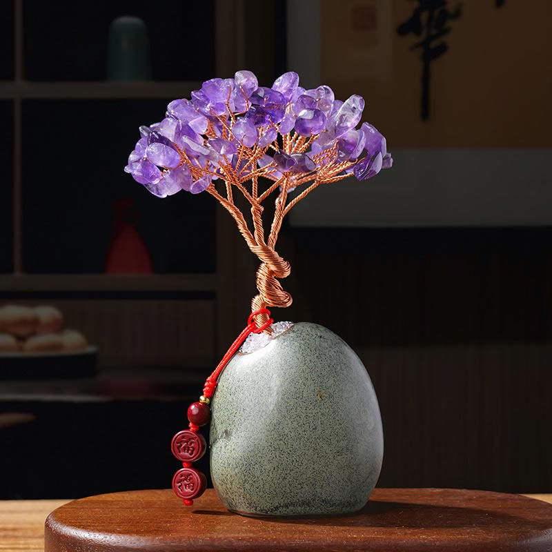 Buddha Stones, Citrino, Ametista, Avventurina verde, Cristallo, Albero, Base in Ceramica, Prosperità, Decorazione per la casa